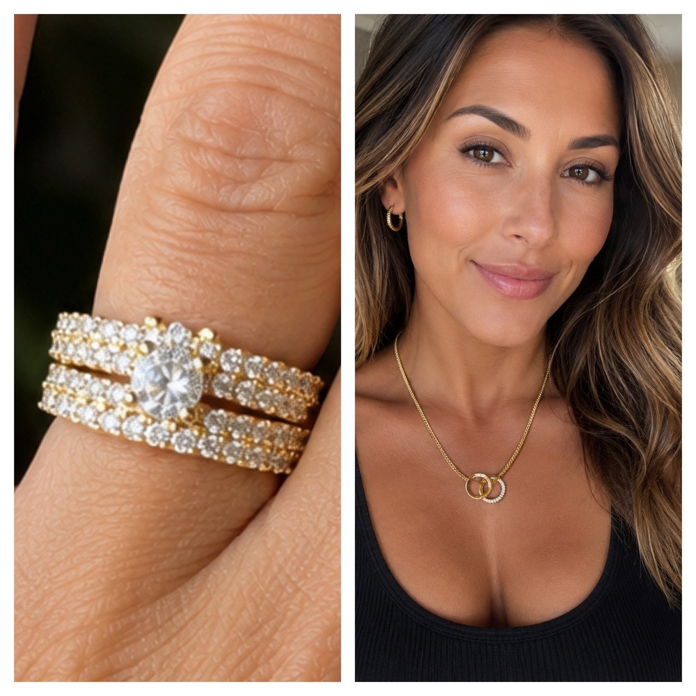 1.0 CT Moissanite Round Cut Wedding Ring Set on Gold Tone Polished Wheat Chain